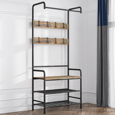 Raft pentru pantofi, lemn rustic şi metal negru / MDF, KELAM [15]