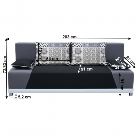 Canapea extensibila , cu lada depozitare , 203 cm lungime, stofa gri/negru ,perne  gri cu model [1]