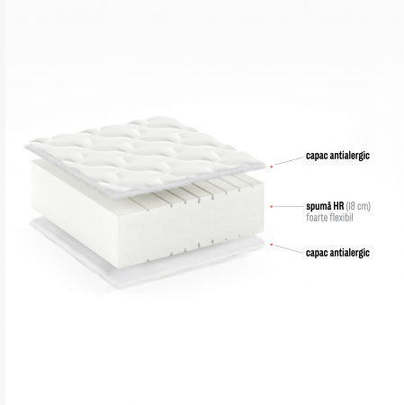 Saltea spuma foarte elastica-moale ,160x200x19 cm grosime, ortopedica, reversibila, husa antialergica, matlasata si detasabila, spuma poliuretanica profilata, circulatie buna a aerului prin profilare, [1]