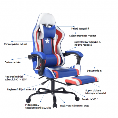 Scaun de birou, Captain America, piele eco albastru/rosu/alb, cu suport pentru picioare, Bortis Impex [2]