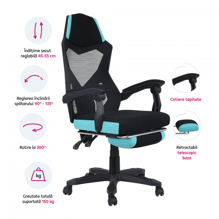 Scaun de birou / gaming, culoare neagră / neo mentă, JORIK NEW [1]