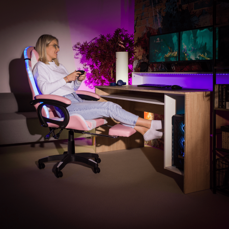 Scaun de birou / joc cu iluminare LED RGB, roz / alb, JOVELA [3]