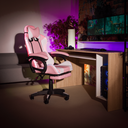Scaun de birou / joc cu iluminare LED RGB, roz / alb, JOVELA [2]