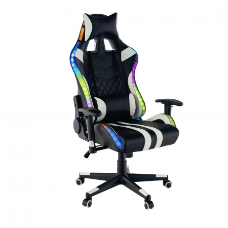 Mobilier & Scaune Birou - Scaun gaming, lumini led cu telecomanda, cu tetiera, piele eco negru/alb, Bortis Impex