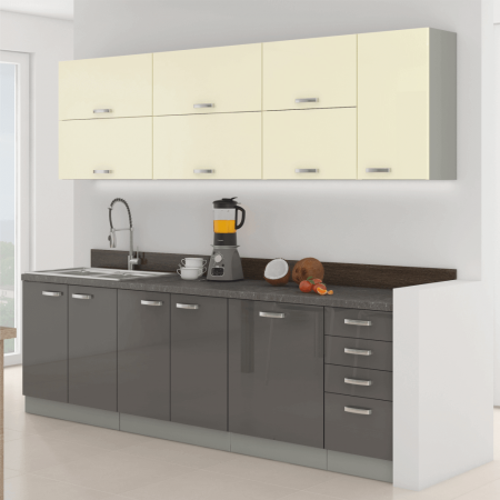 Mobilier/seturi de bucatarie - Set Bucatarie 260 cm, mdf crem-gri extralucios/pal gri, usi si sertare cu inchidere silentioasa, Bortis Impex