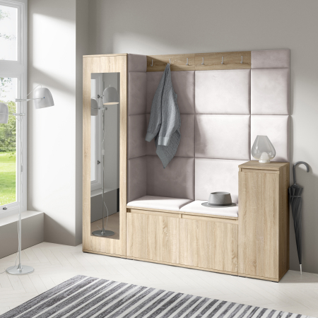 Set mobilier Hol modern cu panouri tapitate - Set cuier hol-panouri tapitate,175 cm lungime ,pantofar si dulap cu oglinda, stofa crem/stejar sonoma