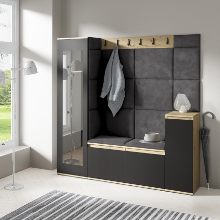 Set mobilier Hol modern cu panouri tapitate - Set cuier hol-panouri tapitate,175 cm lungime ,pantofar si dulap cu oglinda, stofa gri inchis/stejar artisan -negru,