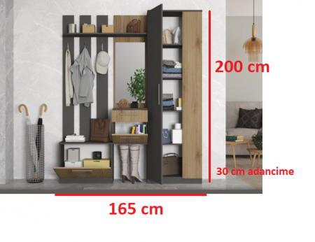 Set cuier mobila hol , pal grafit/scortisoara, 165 cm lungime x 200 cm inaltime x 30 cm adancime, dulap pantofar  cu rafturi, oglinda, 3 agatatori haine duble, cu sertar [2]