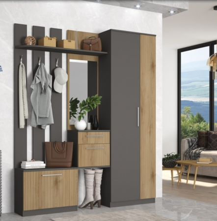 Toate Produsele - Set cuier mobila hol , pal grafit/scortisoara, 165 cm lungime x 200 cm inaltime x 30 cm adancime, dulap pantofar  cu rafturi, oglinda, 3 agatatori haine duble, cu sertar