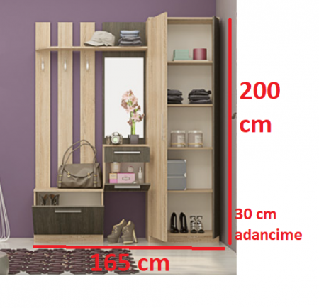 Set cuier mobila hol , pal stejar sonoma/stejar carbon, 165 cm lungime x 200 cm inaltime x 30 cm adancime, dulap pantofar cu rafturi, oglinda, 3 agatatori haine duble, cu sertar [2]