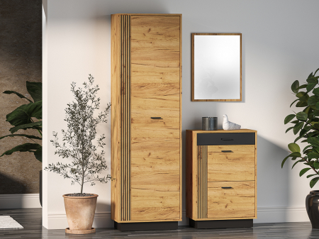 Pantofare Hol - Set cuier mobilier hol, corpuri modulare, dulap cu suport umerase+pantofar+oglinda, stejar craft/negru , model riflaj -insertie negru , 120 cm lungime x 34 cm adancime x 200 inaltime dulap,
