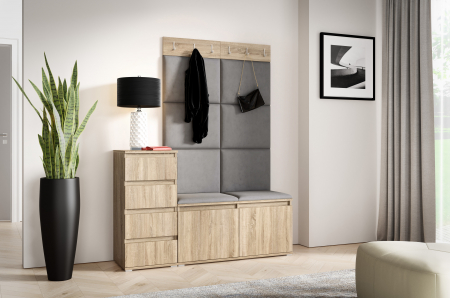 Toate Produsele - Set Cuier mobilier hol, modern cu  panouri tapitate , pantofar si comoda , 130 cm lungimex40 cm adancime x 185 cm inaltime, stejar sonoma/gri inchis,