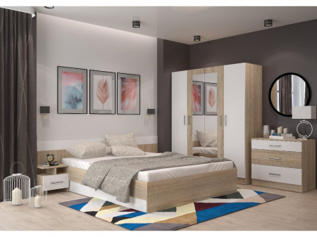 Set de dormitor , pat 160x200 + 2 noptiere , comoda ,dulap 4 usi cu oglinzi , in 2 variante de culoare [0]