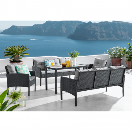 Seturi de gradina - Set de grădină din ratan, 5 piese, negru / gri, LERON