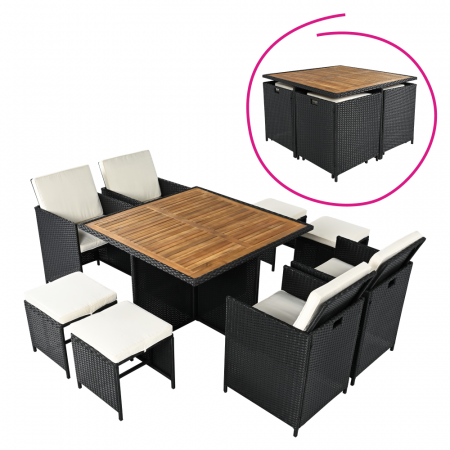 Seturi de gradina - Set de grădină din ratan, lemn de salcâm, negru/crem/natural, MELFORD