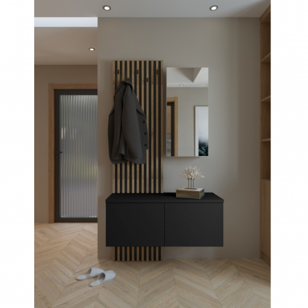 Set  cuier de hol cu riflaj , 100 cm lungime x 37 cm adancime , deschidere push open, stejar negru/artisan,stil modern cu oglinda, riflaje [3]