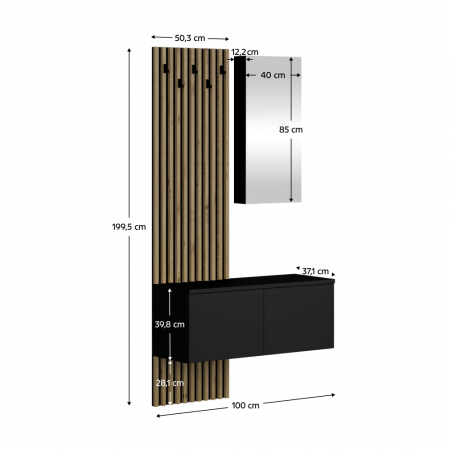 Set  cuier de hol cu riflaj , 100 cm lungime x 37 cm adancime , deschidere push open, stejar negru/artisan,stil modern cu oglinda, riflaje [1]