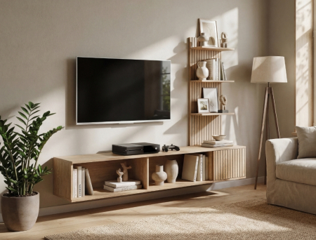 Set mobilier Living - Set de living , comoda suspendata cu raft, prindere perete, 180x130x40 cm, stejar cu riflaj printat
