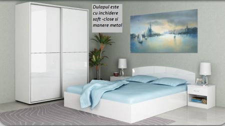 Seturi dormitoare complete - Set dormitor Dulap 150 cm cu soft close+Pat 160/200 fara somiera si fara saltea +2 noptiere alb lucios