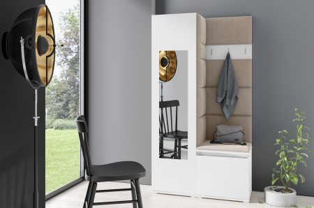 Set hol modern ,95 cm lungime, cu dulap haine , pantofar si panouri tapitate stofa maro/ alb, Bortis [4]