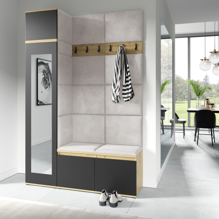 Set mobilier Hol modern cu panouri tapitate - Set hol modern stejar artisan/negru ,145 cm lungime, cu dulap haine , pantofar si panouri tapitate stofa crem, Bortis