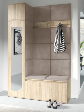 Set mobilier Hol modern cu panouri tapitate - Set hol modern stejar sonoma ,145 cm lungime, cu dulap haine , pantofar si panouri tapitate stofa maro deschis/ stejar sonoma , Bortis