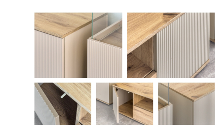 Set mobila de Living, 340 cm lungime,  model riflaj, stejar/ casmir bej cu model riflaj/casmir bej, usi cu deschidere push open, canturi abs, inchidere silentioasa usi, iluminare led, Bortis [5]