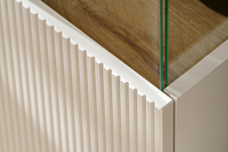 Set mobila de Living, 340 cm lungime,  model riflaj, stejar/ casmir bej cu model riflaj/casmir bej, usi cu deschidere push open, canturi abs, inchidere silentioasa usi, iluminare led, Bortis [2]