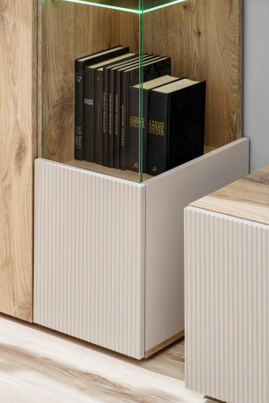 Set mobila de Living, 340 cm lungime,  model riflaj, stejar/ casmir bej cu model riflaj/casmir bej, usi cu deschidere push open, canturi abs, inchidere silentioasa usi, iluminare led, Bortis [3]