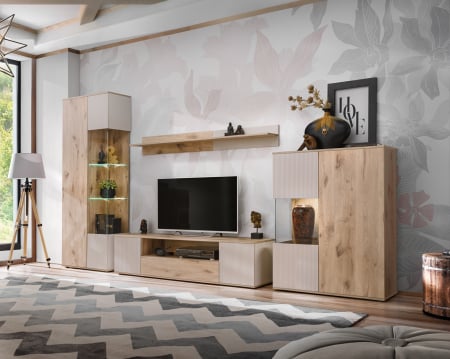 Toate Produsele - Set mobila de Living, 340 cm lungime,  model riflaj, stejar/ casmir bej cu model riflaj/casmir bej, usi cu deschidere push open, canturi abs, inchidere silentioasa usi, iluminare led, Bortis