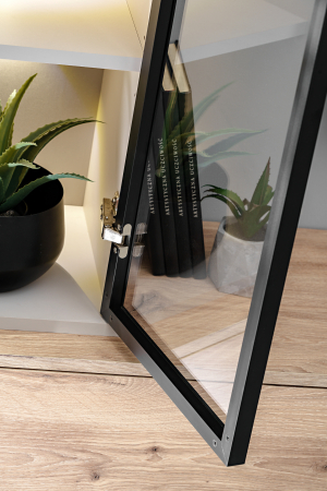 Set mobila de living, pal casmir bej/stejar/rama vitrina neagra, 240 cm lungime, vitrina cu led, usi deschidere push open prin apasare, canturi abs, moderna, prindere perete- suspendata , Bortis [5]