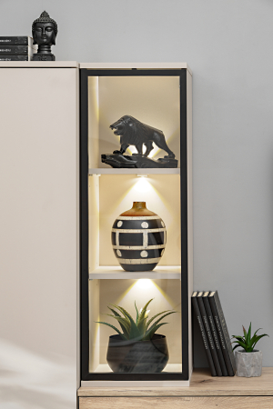 Set mobila de living, pal casmir bej/stejar/rama vitrina neagra, 240 cm lungime, vitrina cu led, usi deschidere push open prin apasare, canturi abs, moderna, prindere perete- suspendata , Bortis [13]