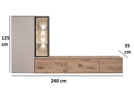 Set mobila de living, pal casmir bej/stejar/rama vitrina neagra, 240 cm lungime, vitrina cu led, usi deschidere push open prin apasare, canturi abs, moderna, prindere perete- suspendata , Bortis [8]