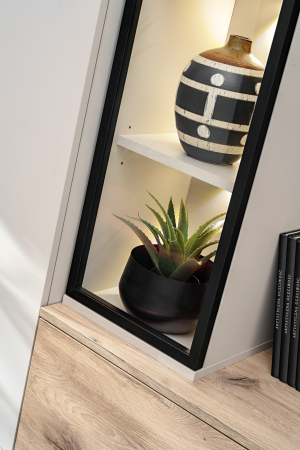 Set mobila de living, pal casmir bej/stejar/rama vitrina neagra, 240 cm lungime, vitrina cu led, usi deschidere push open prin apasare, canturi abs, moderna, prindere perete- suspendata , Bortis [14]