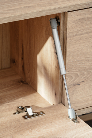 Set mobila de living, pal casmir bej/stejar/rama vitrina neagra, 240 cm lungime, vitrina cu led, usi deschidere push open prin apasare, canturi abs, moderna, prindere perete- suspendata , Bortis [2]