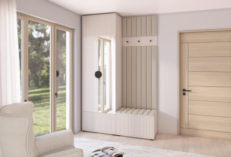Set mobilier Hol modern cu panouri tapitate - Set mobila hol /cuier cu dulap inaltat si panouri tapitate, cu oglinda/riflaje casmir /pal bej casmir/ stofa bej crem , 140cm lungime x 225 cm inaltime x 40 cm adancime, maner negru