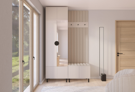 Toate Produsele - Set mobila hol /cuier cu dulap inaltat si panouri tapitate, cu oglinda/riflaje casmir /pal bej casmir/ stofa bej crem , 140cm lungime x 235 cm inaltime x 40 cm adancime, picioare inalte
