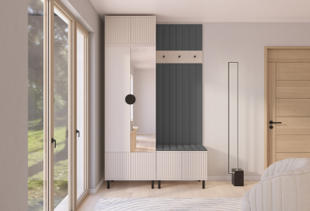 Toate Produsele - Set mobila hol /cuier cu dulap inaltat si panouri tapitate, cu oglinda/riflaje casmir /pal bej casmir/ stofa grafit , 140cm lungime x 235 cm inaltime x 40 cm adancime, picioare inalte