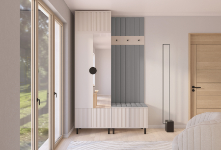 Toate Produsele - Set mobila hol /cuier cu dulap inaltat si panouri tapitate, cu oglinda/riflaje casmir /pal bej casmir/ stofa gri , 140cm lungime x 235 cm inaltime x 40 cm adancime, picioare inalte