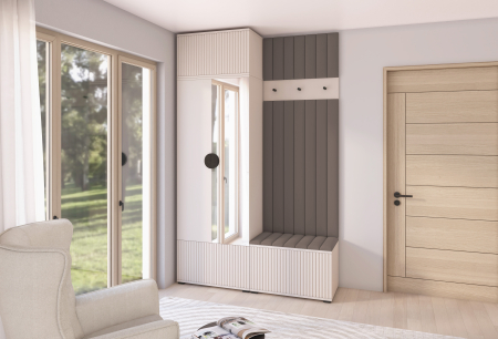 Toate Produsele - Set mobila hol /cuier cu dulap inaltat si panouri tapitate, cu oglinda/riflaje casmir /pal bej casmir/ stofa maro inchis, 140cm lungime x 225 cm inaltime x 40 cm adancime, maner negru
