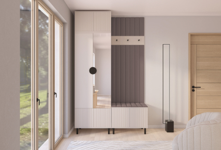 Toate Produsele - Set mobila hol /cuier cu dulap inaltat si panouri tapitate, cu oglinda/riflaje casmir /pal bej casmir/ stofa maro inchis , 140cm lungime x 235 cm inaltime x 40 cm adancime, picioare inalte