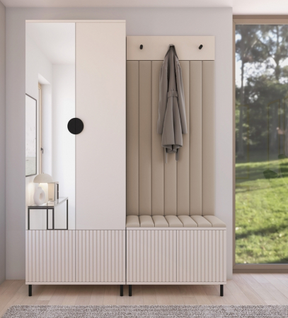Toate Produsele - Set mobila hol /cuier cu dulap si panouri tapitate, cu oglinda/riflaje casmir /pal bej casmir/ stofa bej crem , 140cm lungime x 195 cm inaltimex 40 cm adancime, maner negru , picioare negre-