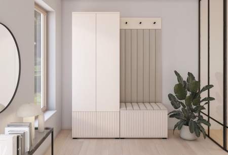 Toate Produsele - Set mobila hol /cuier cu dulap si panouri tapitate, cu riflaje casmir /pal bej casmir/ stofa bej crem , 140cm lungime x 185 cm inaltimex 40 cm adancime, deschidere usi push open, interior dulap suport umerase