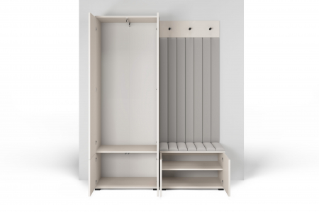 Set mobila hol /cuier cu dulap si panouri tapitate, cu riflaje casmir /pal bej casmir/ stofa bej crem , 140cm lungime x 185 cm inaltimex 40 cm adancime, deschidere usi push open, interior dulap suport umerase [5]