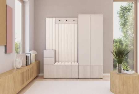 Colectia casmir -seturi cuiere/mobila hol Rai casmir - Set mobila hol /cuier cu dulap si panouri tapitate, cu riflaje casmir /pal bej casmir/ stofa bej crem , 170cm lungime x 185 cm inaltime x 40 cm adancime, deschidere usi push open,  suport si de umeras