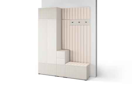 Set mobila hol inaltat /cuier cu dulap inaltat si panouri tapitate, cu riflaje casmir /pal bej casmir/ stofa bej crem , 170cm lungime x 225 cm inaltime x 40 cm adancime, deschidere usi push open, supo [1]