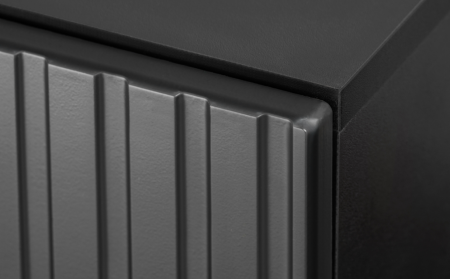 Set mobila living, 300 cm lungime, mdf/pal negru/stejar, usi mdf caneluri, usi cu deschidere push open, vitrina sticla cu led , comoda tv si 3 corpuri suspendate [3]