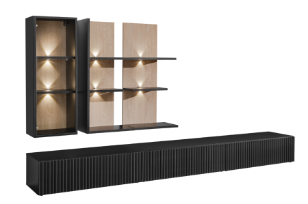 Set mobila living, 300 cm lungime, mdf/pal negru/stejar, usi mdf caneluri, usi cu deschidere push open, vitrina sticla cu led , comoda tv si 3 corpuri suspendate [1]