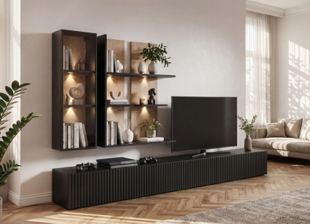Set mobila living, 300 cm lungime, mdf/pal negru/stejar, usi mdf caneluri, usi cu deschidere push open, vitrina sticla cu led , comoda tv si 3 corpuri suspendate [0]