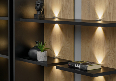 Set mobila living, 300 cm lungime, mdf/pal negru/stejar, usi mdf caneluri, usi cu deschidere push open, vitrina sticla cu led , comoda tv si 3 corpuri suspendate [5]